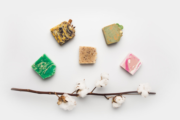 handcrafted soap with cotton branch - 写真・画像