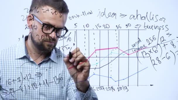 El hombre dibuja varias tablas de crecimiento, calculando las perspectivas de éxito en una moderna oficina de vidrio
 - Metraje, vídeo