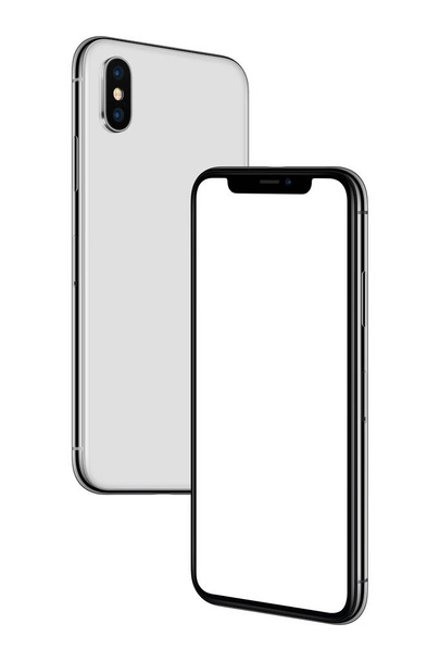 Burla de elevarse en el aire se volvió uno hacia el otro teléfonos inteligentes blancos similares a los lados delanteros y traseros iPhone X
 - Foto, imagen