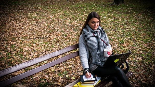 a beautiful young woman sitting on the bench in a park and working on a laptop, holding a cup of coffee / tea, looking right at the camera and smiling - Photo, Image