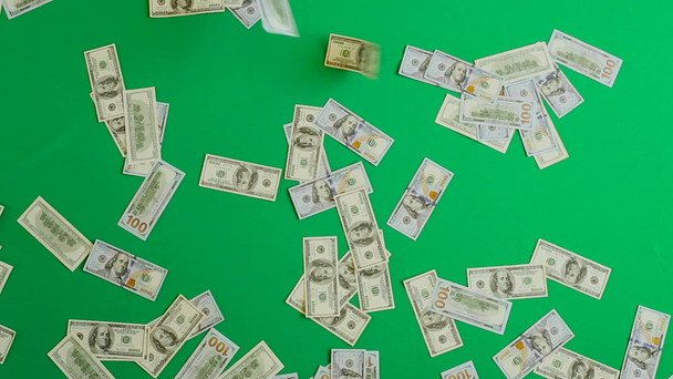 One hundred dollar bills are falling against a green background - Séquence, vidéo