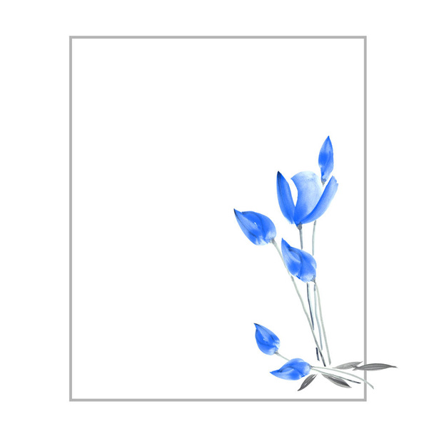 Decoración floral. Tarjeta de cumpleaños. Acuarela floreciente tulipanes azules primavera sobre un fondo blanco
 - Foto, Imagen