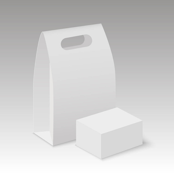 Bianco modellare rettangolo di cartone bianco togliere maniglia pranzo confezione scatola per sandwich, cibo o altri prodotti. Vettore
 - Vettoriali, immagini