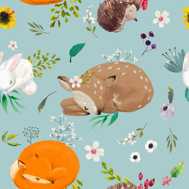 seamless pattern with animals with flowers - Photo, Image