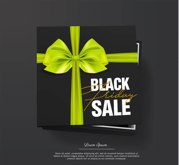 Black friday sale Black cardboard box tied with a golden ribbon and gold bow is lying on a black background. Black friday Top view. Template for the poster, banner and web - Vecteur, image