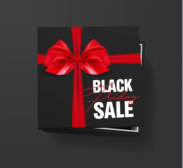 Black friday sprzedaż Black karton związany z czerwoną wstążką z kokardą leży na czarnym tle z napisem czarny piątek widok z góry szablonu na plakat, baner i sieci web. - Wektor, obraz