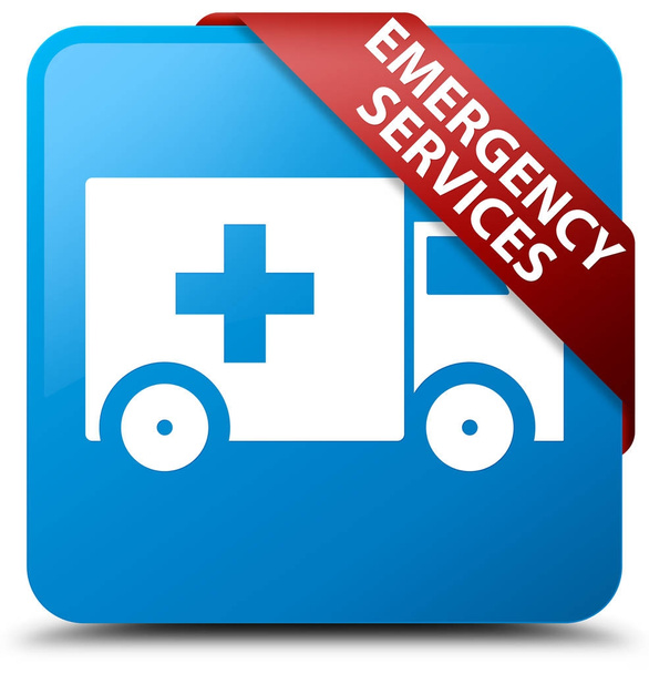 Servicio de emergencia cyan azul cuadrado botón rojo cinta en la esquina
 - Foto, Imagen