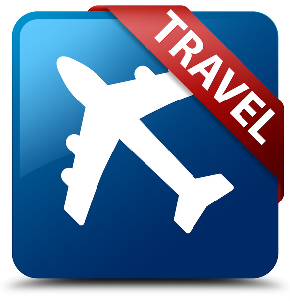 Viaje (icono de avión) botón cuadrado azul cinta roja en la esquina
 - Foto, Imagen