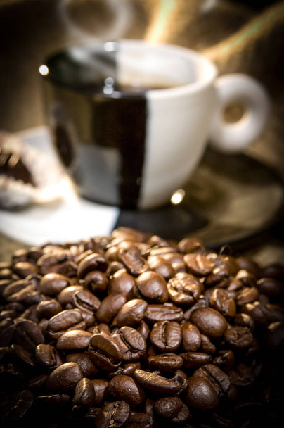 coffee cup and coffee beans on canvas - Photo, Image
