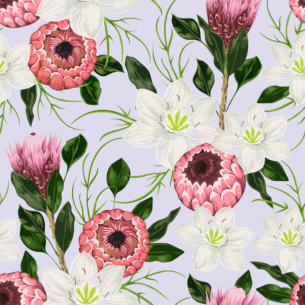 Seamless pattern with eucharis lily, protea flowers and leaves. Decorative holiday floral background. Vintage vector illustration in watercolor style - Vector, Image