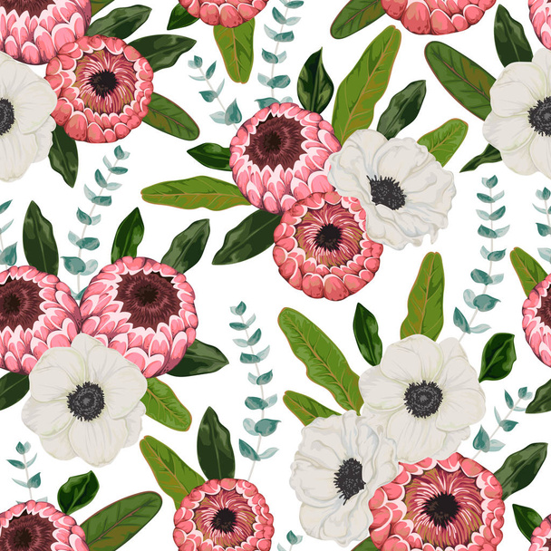 Seamless pattern with protea and anemone flowers, leaves and spiral eucalyptus. Decorative holiday floral background. Vintage vector illustration in watercolor style - Vector, Image
