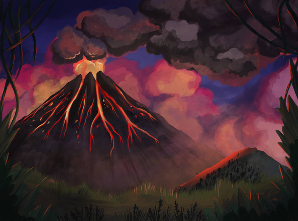 Volcano with magma, lava and smoke. Night mountain landscapes. Hand drawn illustration - Photo, Image