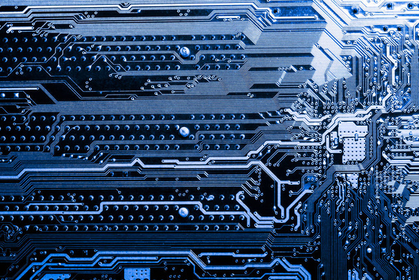 abstrakte, Nahaufnahme elektronischer Schaltungen im Hintergrund der Mainboard-Computertechnologie. (Logikboard, CPU-Motherboard, Hauptplatine, Systemplatine, Mobo) - Foto, Bild