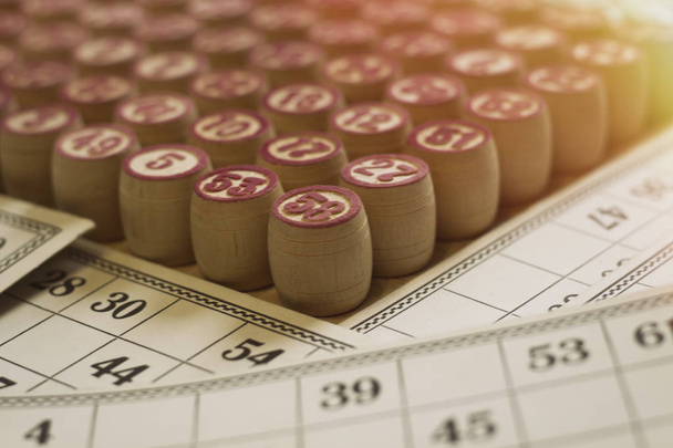 Balls with bingo numbers, bingo cards. Lotto. Bingo. Flat lay. A - Photo, Image