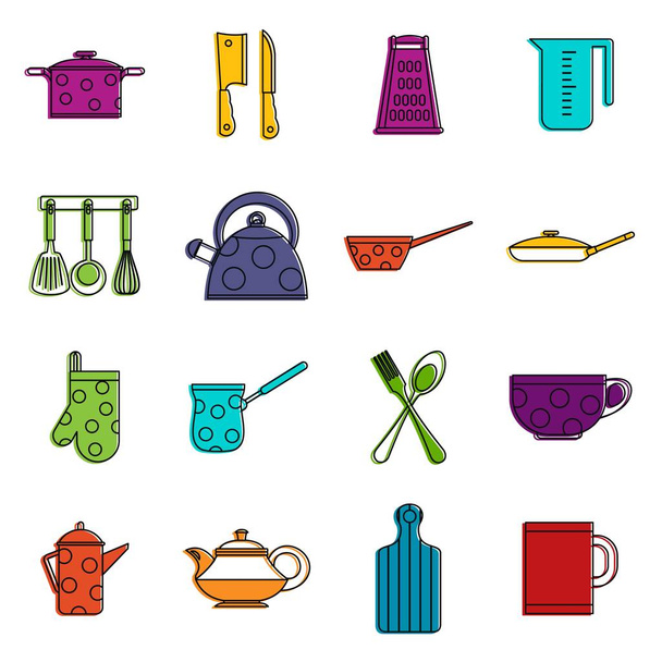 Keuken gereedschappen en gebruiksvoorwerpen pictogrammen doodle set - Vector, afbeelding