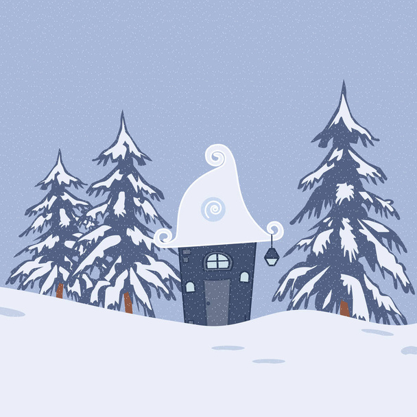Märchenhafte Winterlandschaft mit fantastischer Hütte und Tannenbäumen - Vektor, Bild