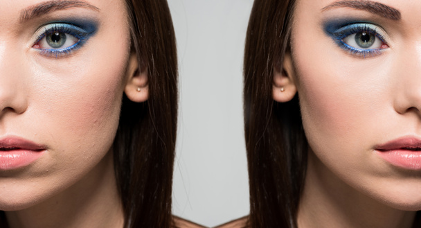 Rosto da mulher antes e depois do retoque
 - Foto, Imagem