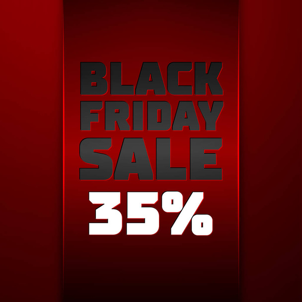 Realistic Red ribbon with text Black Friday Sale thirty five percent for discount on red background. Colorful sticker, banner for sale, shopping, business theme. Vector template for your design - Vector, Image