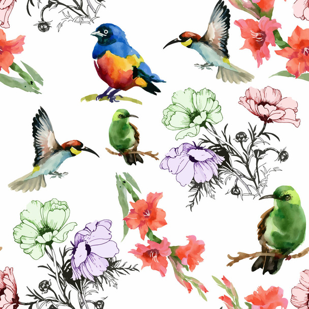 beautiful flowers and colorful birds  - Wektor, obraz