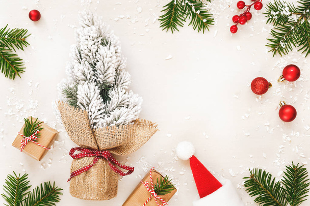 Christmas frame of gifts and fir tree on white  - Valokuva, kuva