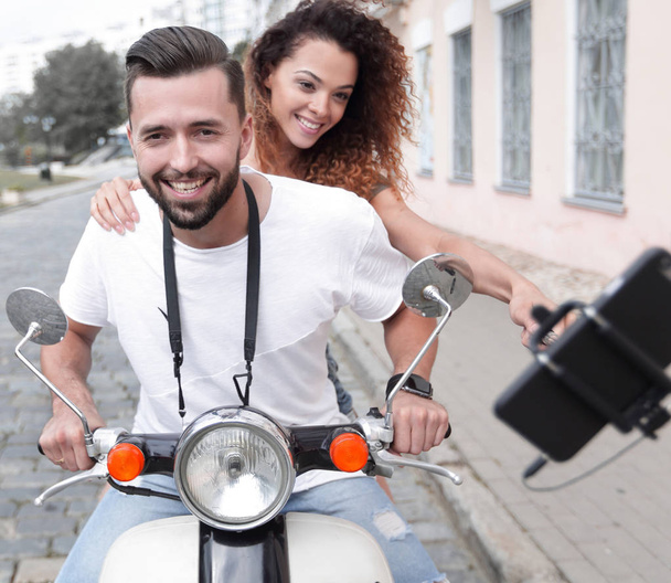Happy couple traveling on motorcycle.Travel concept - Valokuva, kuva