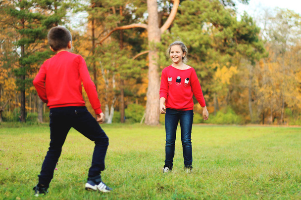 Chłopak z dziewczyną jest chodzenie w jesienny park - Zdjęcie, obraz