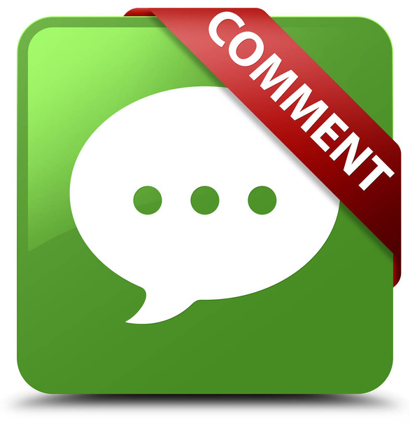 Kommentar (Gesprächssymbol) weicher grüner quadratischer Knopf rotes Band  - Foto, Bild