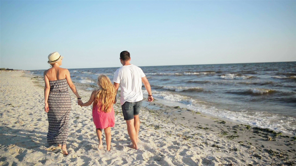 Vista trasera de la feliz pareja y la pequeña hija en vestido caminando en la playa sosteniendo las manos durante las vacaciones de verano en la playa
. - Imágenes, Vídeo
