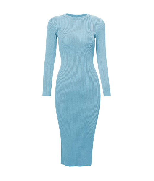 Elegante mooie lang licht blauwe jurk op een witte achtergrond met lange mouwen - Foto, afbeelding