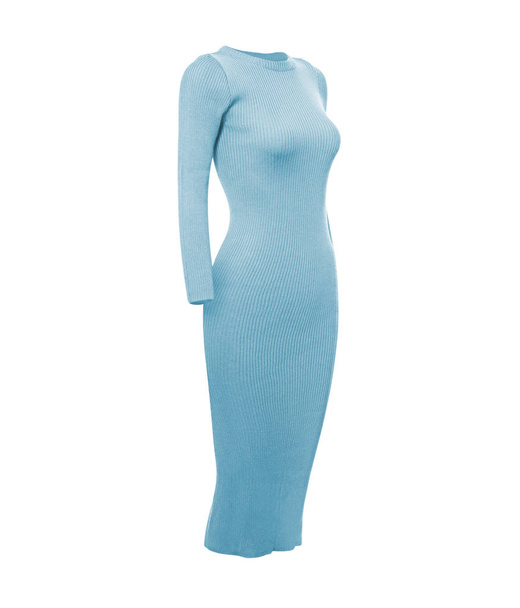 Елегантна красива довга світло-блакитна сукня на білому тлі з довгими рукавами
 - Фото, зображення