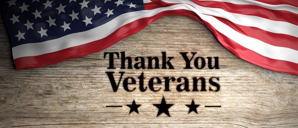 Прапор Сполучених Штатів з ветеранів повідомлення дякую вам. Дерев'яними тлі. 3D ілюстрація - Фото, зображення