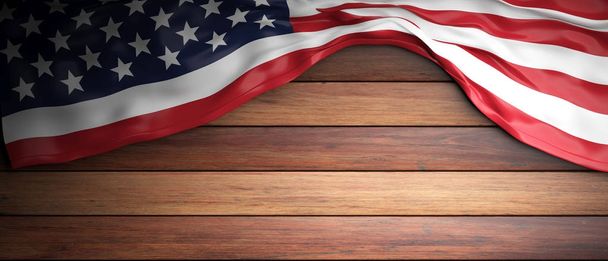 Σημαία των Ηνωμένων Πολιτειών τοποθετείται σε ξύλινα φόντο με copyspace. 3D απεικόνιση - Φωτογραφία, εικόνα