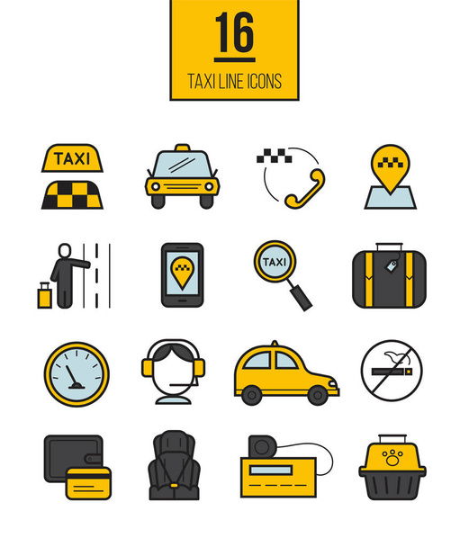 Taxi aplicación lineal iconos establecidos. Colección de símbolos de estilo de línea de viaje vectorial
. - Vector, Imagen