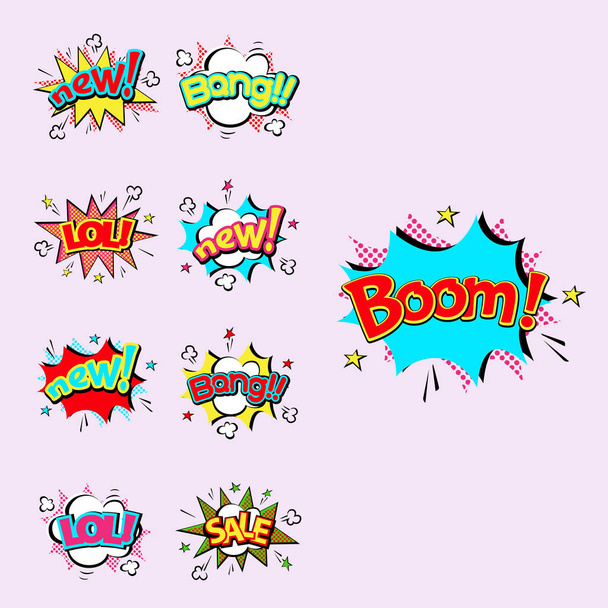 Pop Art Comic Sprechblase Boom Effekte Vektor Explosion Knall Kommunikation Wolke Spaß Humor Illustration - Vektor, Bild