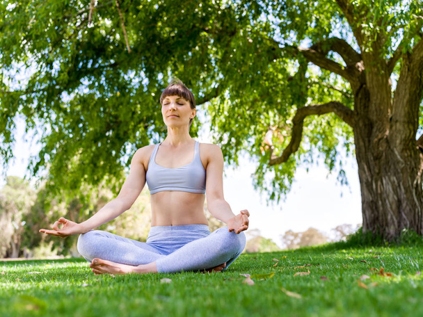 jeune femme pratiquant le yoga dans le parc - Photo, image
