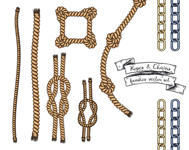 Set of hand drawn editable brushes of ropes and chains. - Vector, Image