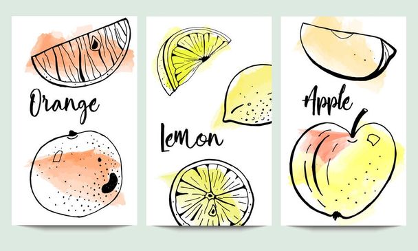 Original package design template with hand drawn orange, apple and lemon with slices on watercolor background. - Vetor, Imagem