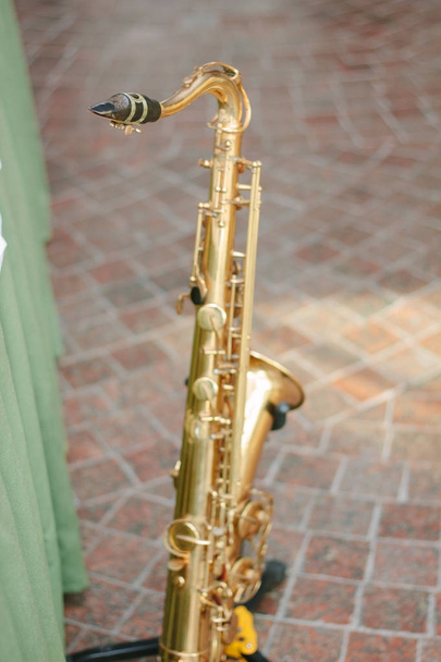 Saxofone dourado ficar no rack
 - Foto, Imagem