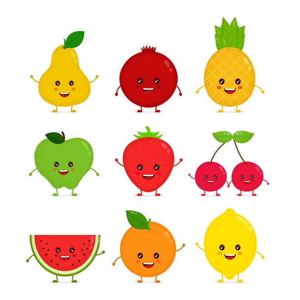Симпатичные счастливые улыбающиеся смешные сырые фрукты
  - Вектор,изображение