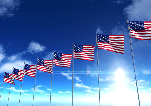 Flaga Stanów Zjednoczonych Ameryki pod błękitne niebo, renderowania 3d - Zdjęcie, obraz