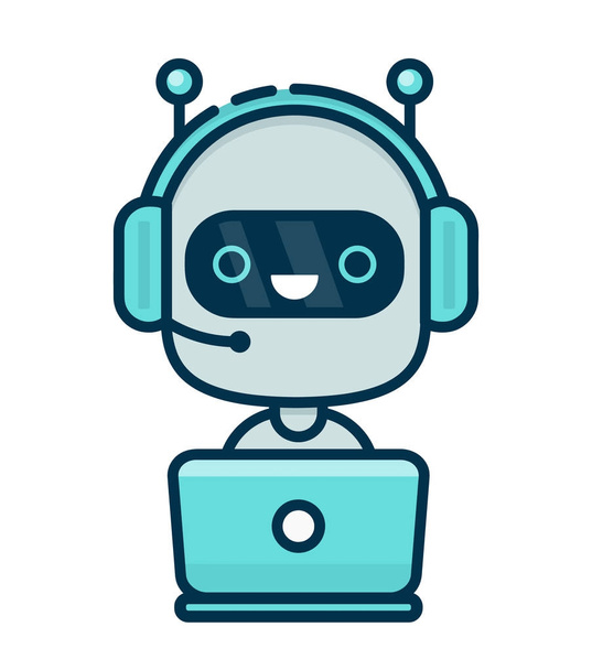 Netter lächelnder Chatbot, der mit Kopfhörern arbeitet - Vektor, Bild
