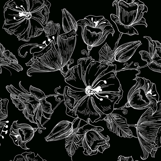 Vector illustration of beautiful flowers seamless pattern on black background. Sketch. - Vector, Image