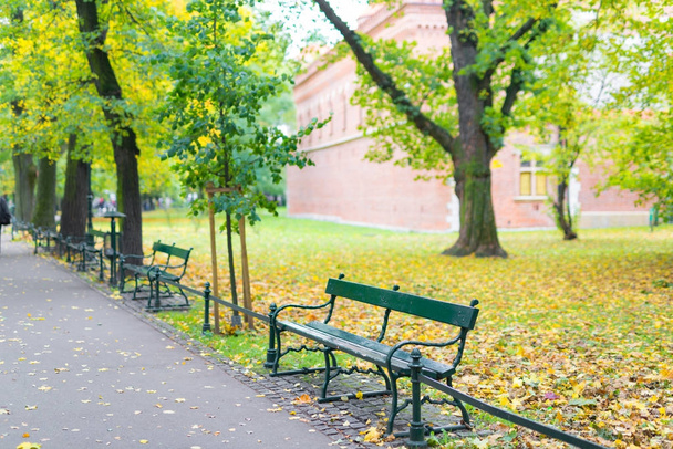 Zielony ławki w parku na tle zamku  - Zdjęcie, obraz