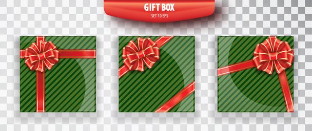 Dárková krabice. Sada zelených vánoční dárkové krabičky, samostatný na průhledném pozadí. Zelené pole s barevnými elegantní mašlí. Realistické vektorový objekt izolované - Vektor, obrázek