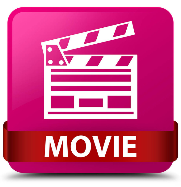 Film (Kinoclip-Symbol) rosa quadratischer Knopf rotes Band in der Mitte - Foto, Bild