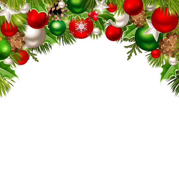 Boże Narodzenie tło czerwone, zielone i srebrne kulki, gałęzie jodły, stożki i holly. Ilustracja wektorowa. - Wektor, obraz