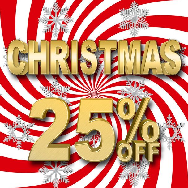 Stock Illustration - Golden 25 Percent Off, Golden Christmas, Red and White Background, 3D Illustration. - Photo, Image