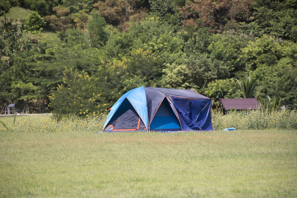Matkustajat ihmiset rakentavat teltta retkeily nurmikenttä levätä ja
  - Valokuva, kuva
