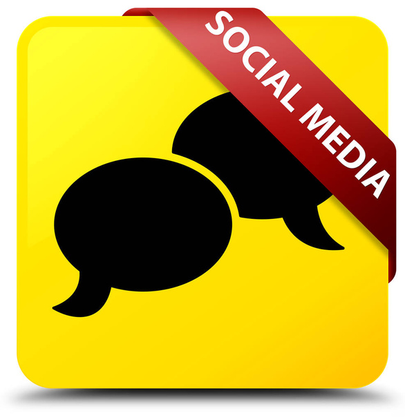 Social Media (Chat-Blase Symbol) gelber quadratischer Knopf rotes Band  - Foto, Bild
