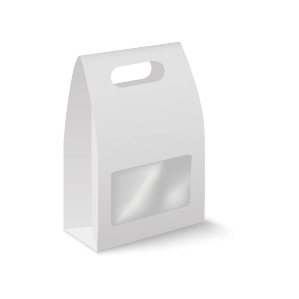 Fehér modell akár üres karton téglalap veszi el fogantyú ebéd-box csomagolás szendvics, élelmiszer, ajándék műanyag ablak. Vektor. - Vektor, kép